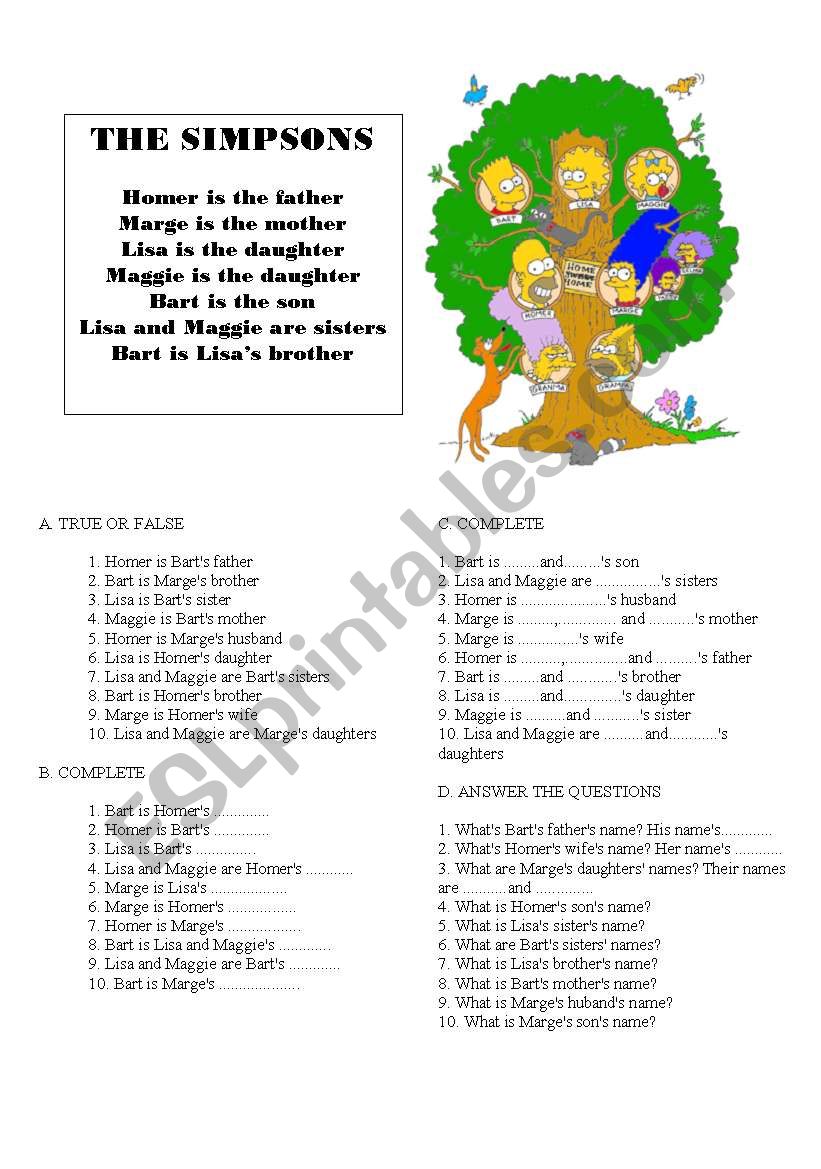 The simpsons family tree worksheet