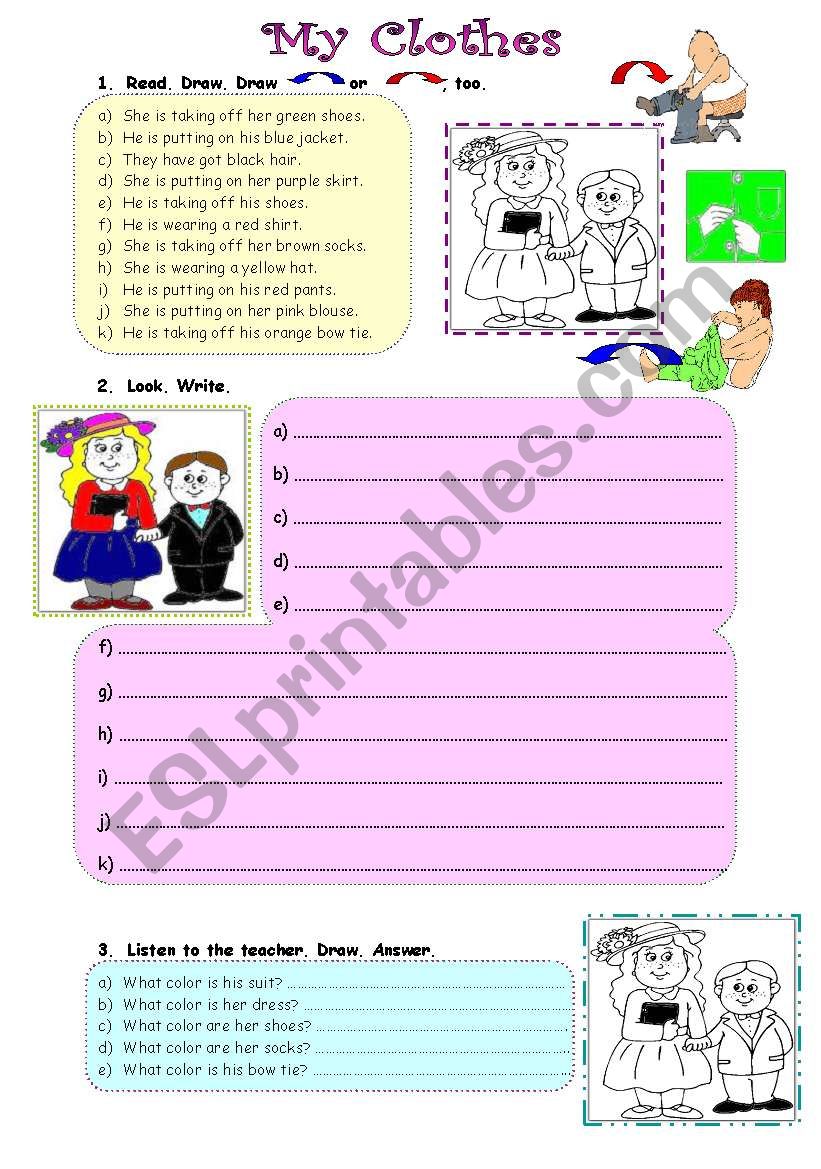 MY CLOTHES - Cute 3-Skills Worksheet - Present Continuous