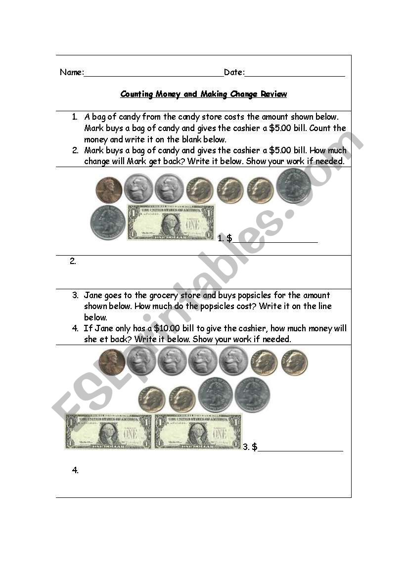Counting Money and Making Change Worksheet