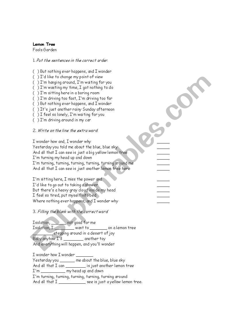Song - Lemon Tree  worksheet