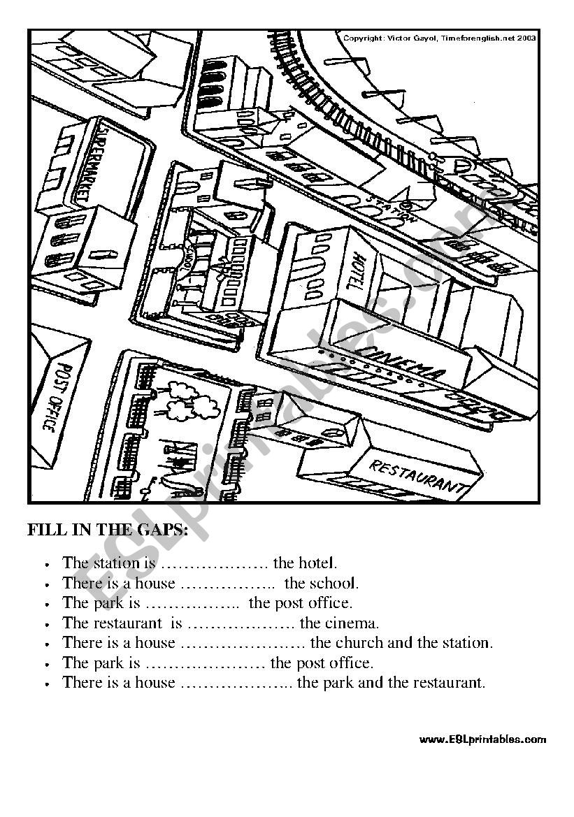 Prepositions in the city: fill in the gaps