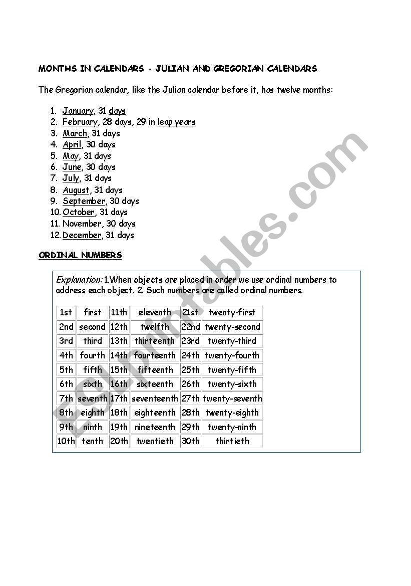 Months in Calendars worksheet