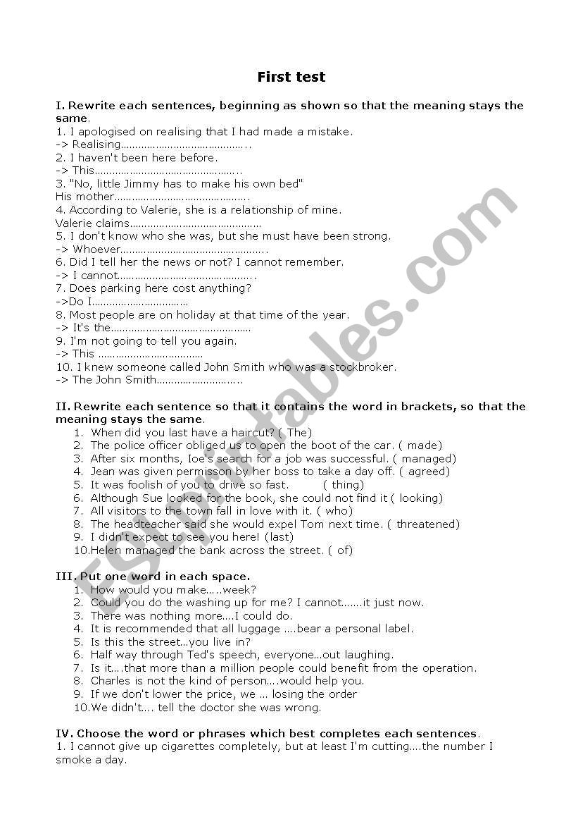 Placement Test in Grammar worksheet