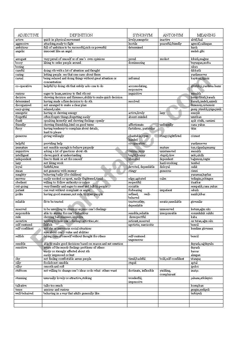 adjectives for personality worksheet