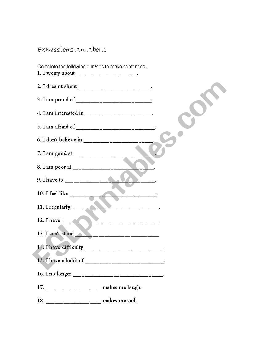 expressions all about me worksheet