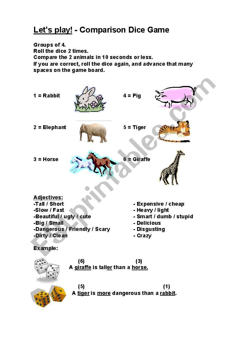 Comparing Animals Dice Game worksheet