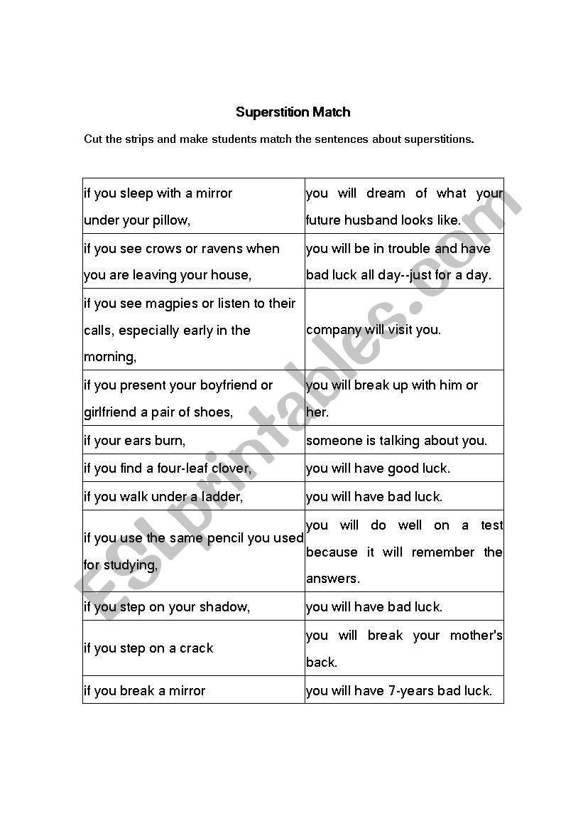 Superstition Match worksheet