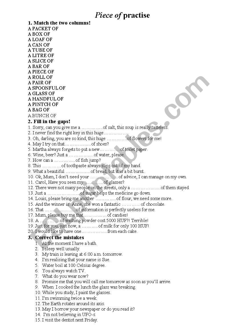 piece of practice worksheet