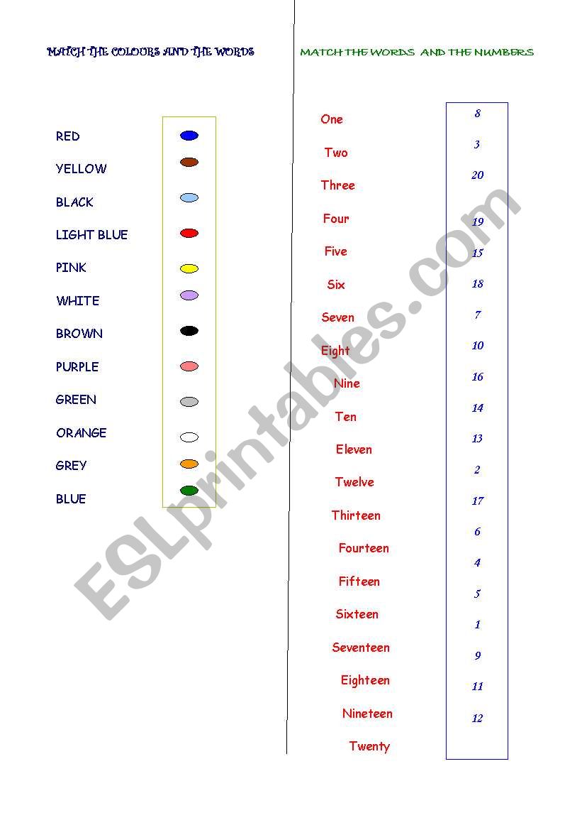 Colours and numbers worksheet