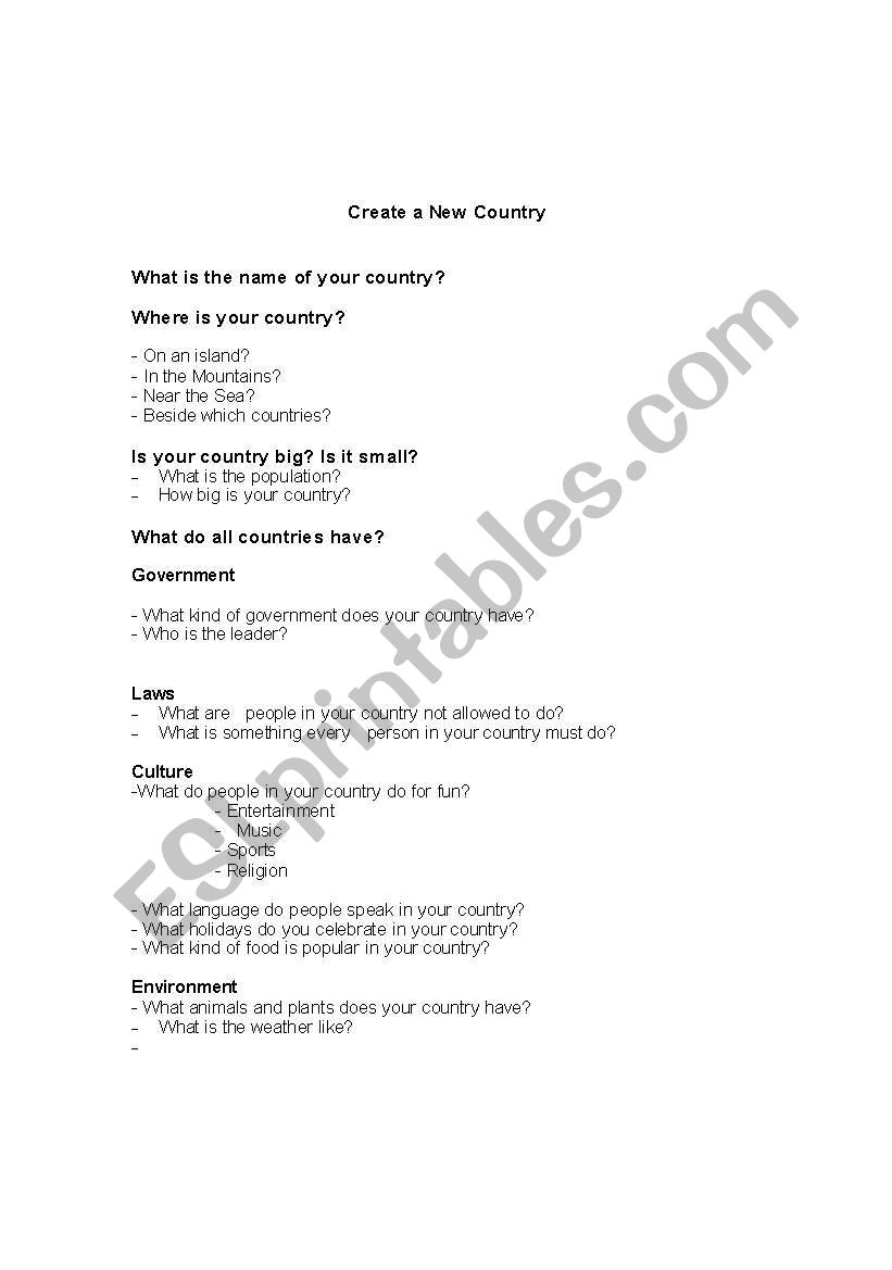 Create Your Own Country. worksheet