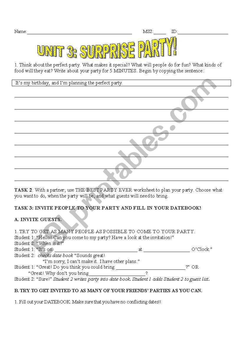 Surprise Party: Planning a Party and filling out a datebook