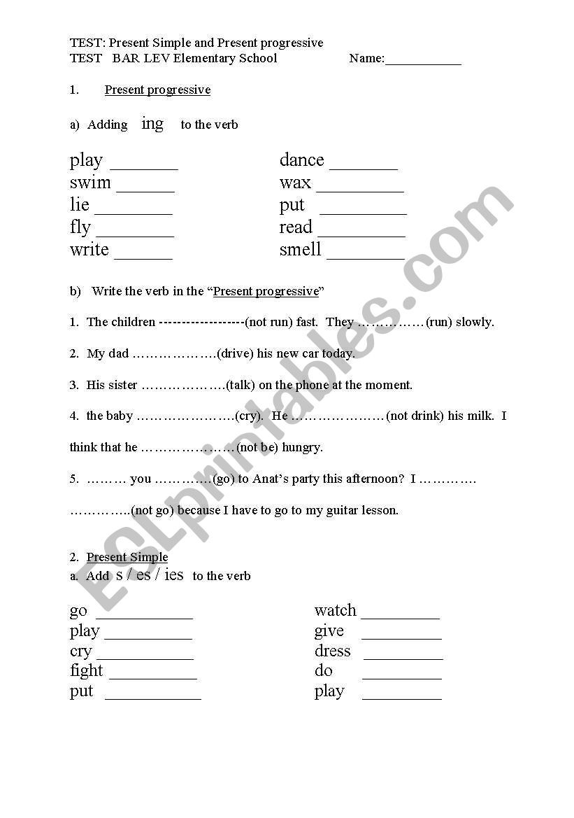 present simple / present progressive test worksheet