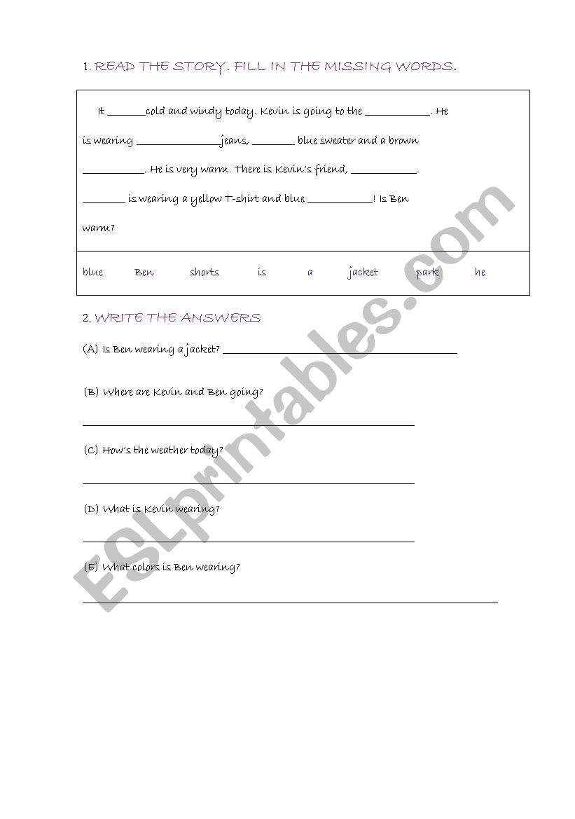 clthes reading worksheet