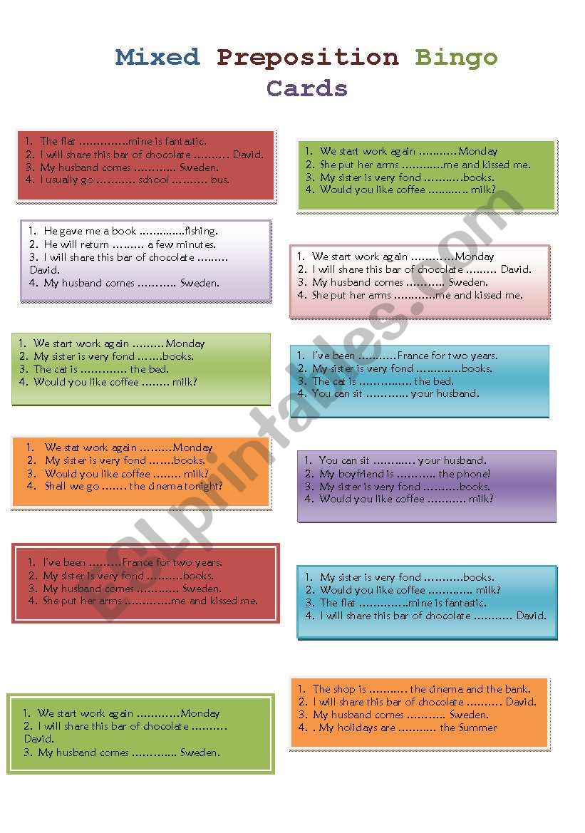 Mixed Prepostions Bingo Cards worksheet