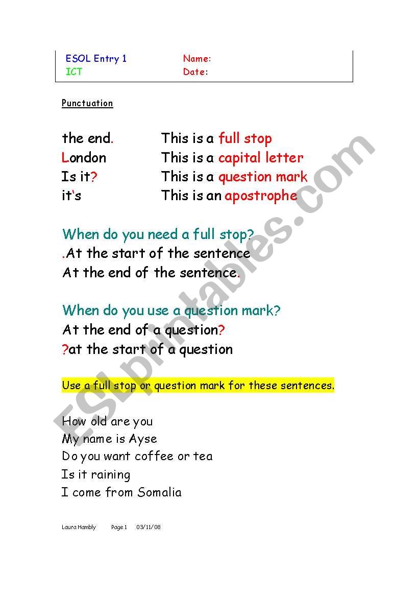 Basic punctuation worksheet