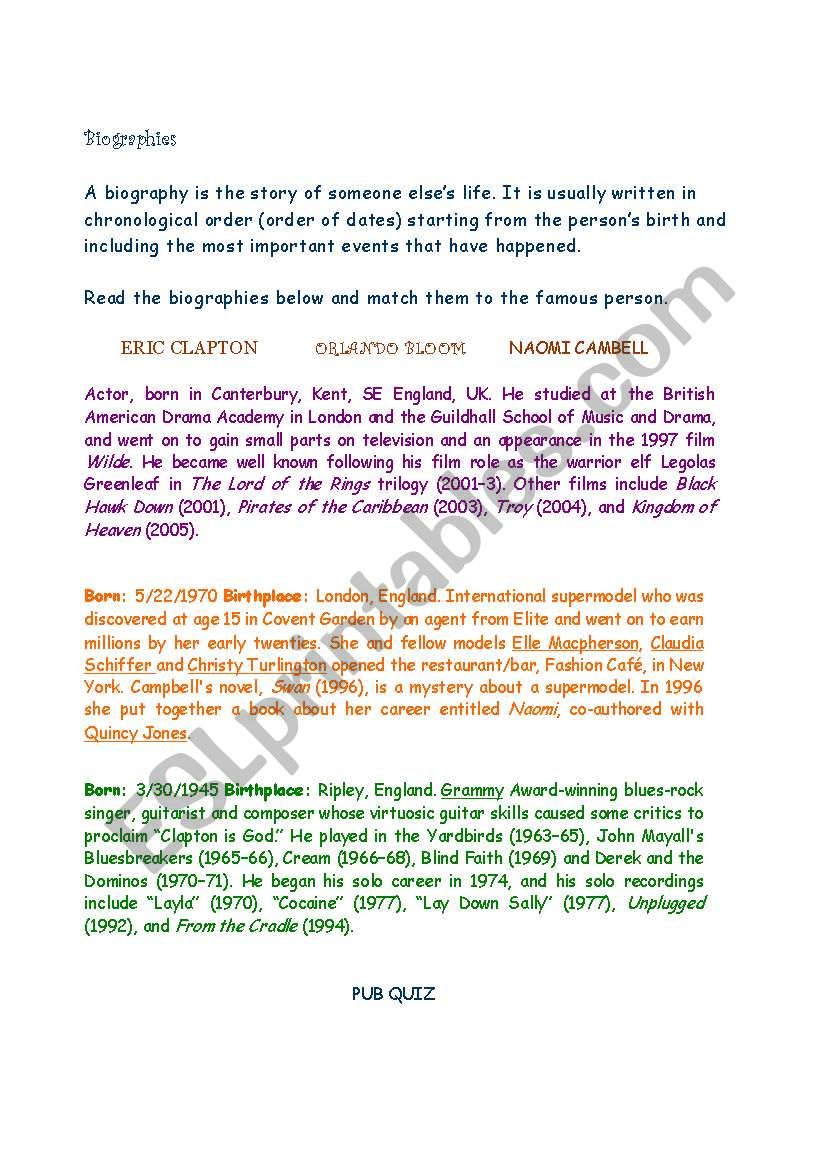 Biographies worksheet