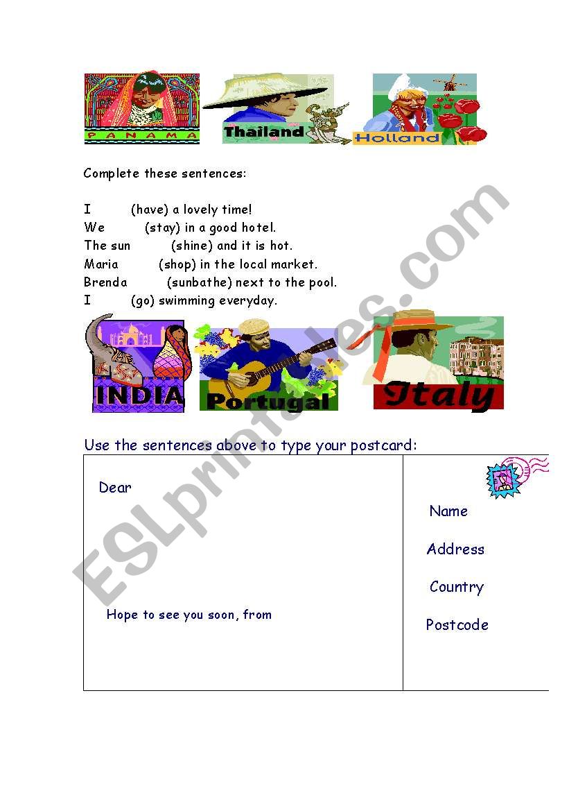 Present continuous postcard worksheet