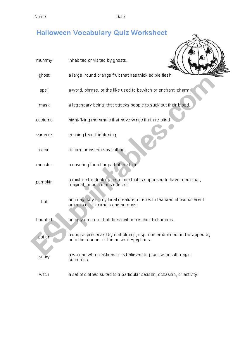 Halloween Word Quiz worksheet