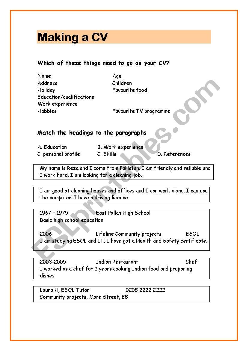 CV worksheet