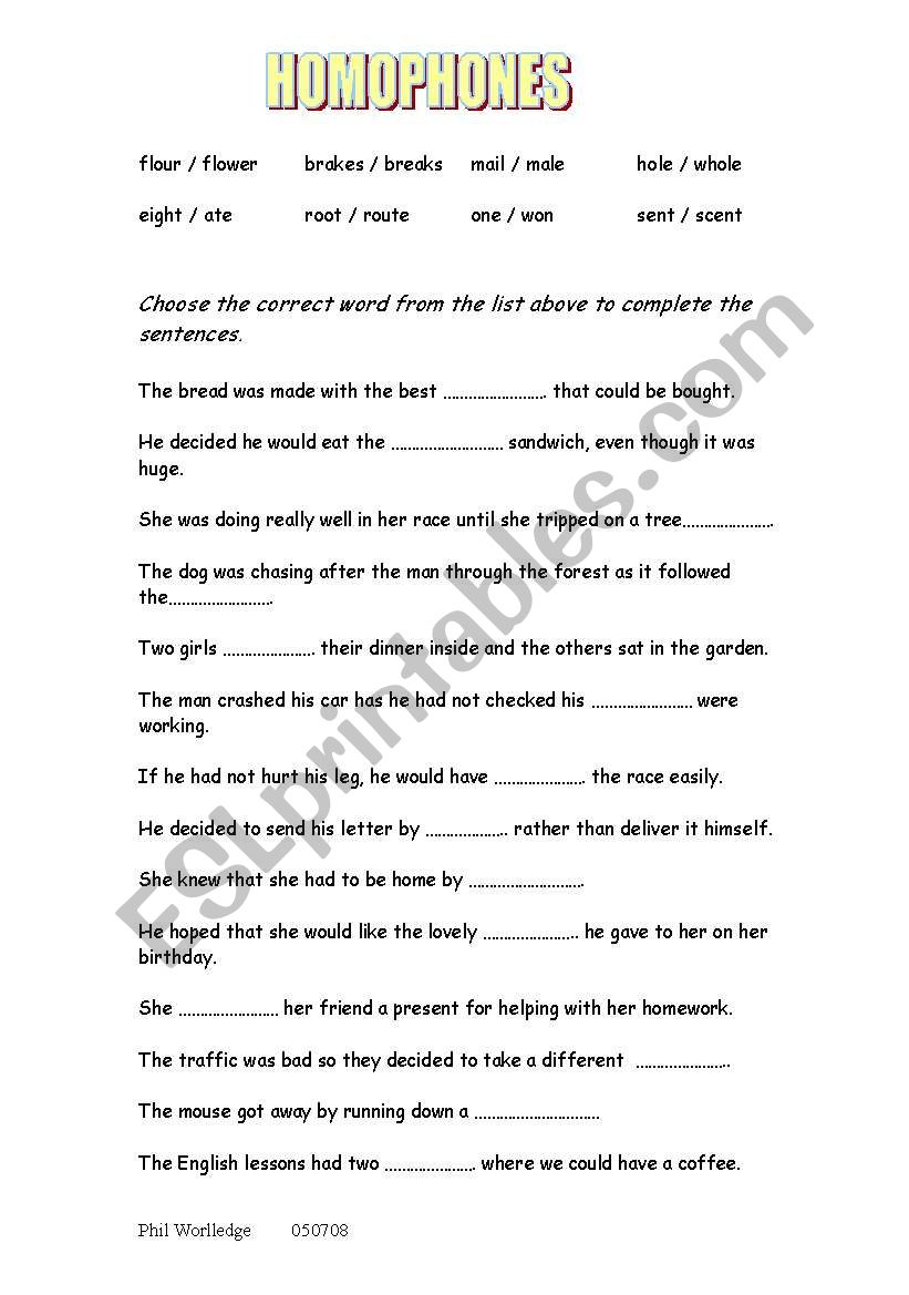 Homophones worksheet