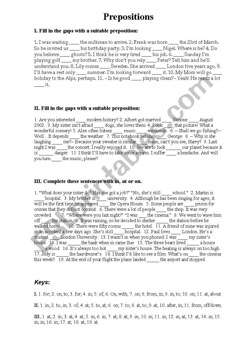 preposition worksheet