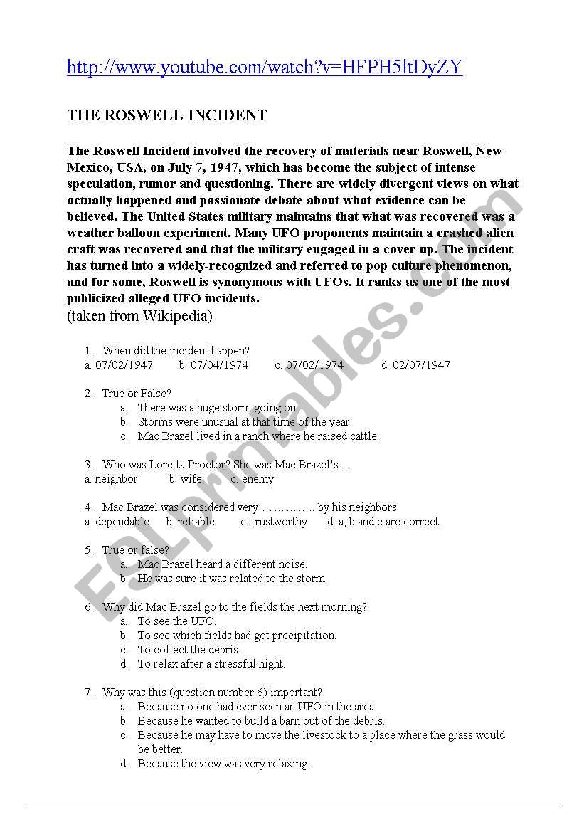 The Roswell Incident worksheet