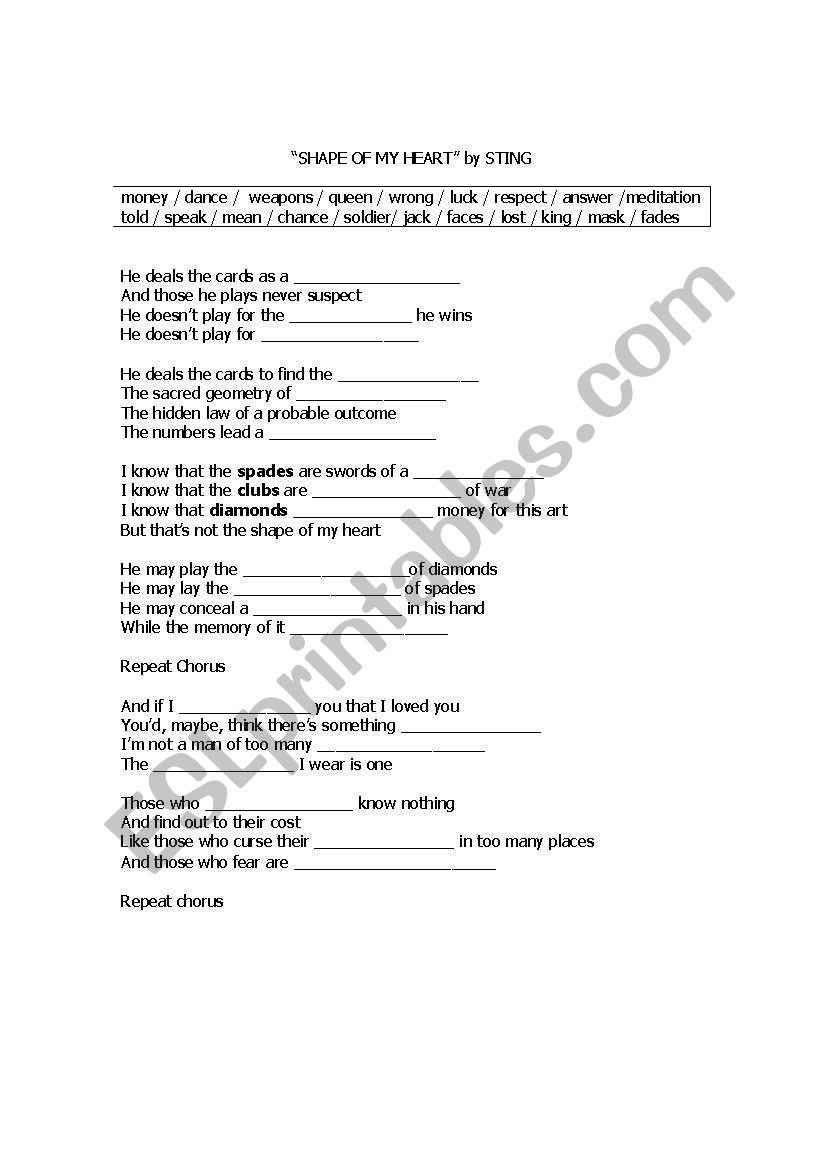 Shape Of My Heart by STING worksheet