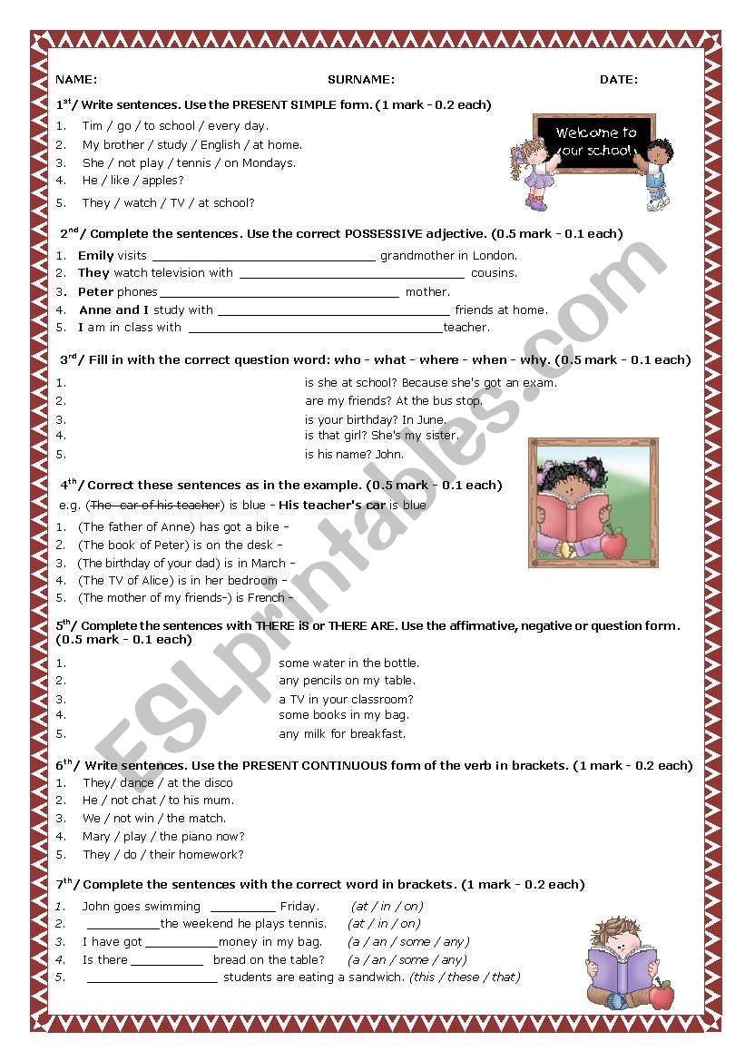 Elementary test worksheet