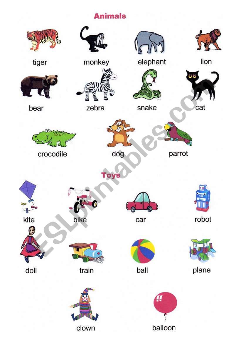 Picture dictionary. Animals and toys.