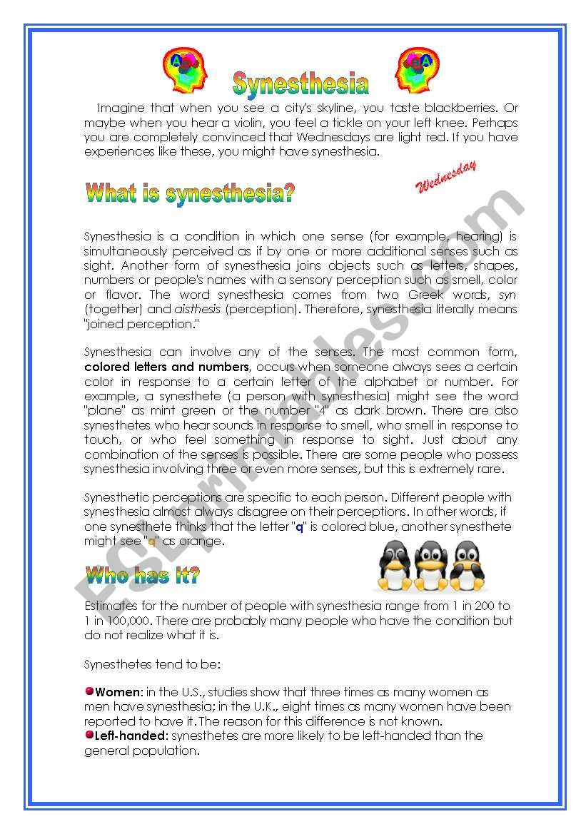 Synesthesia worksheet