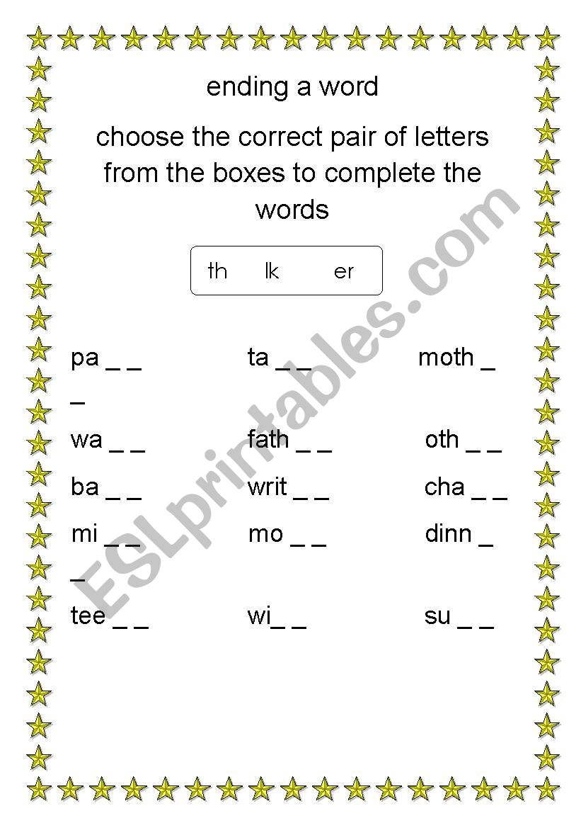 ending a word worksheet