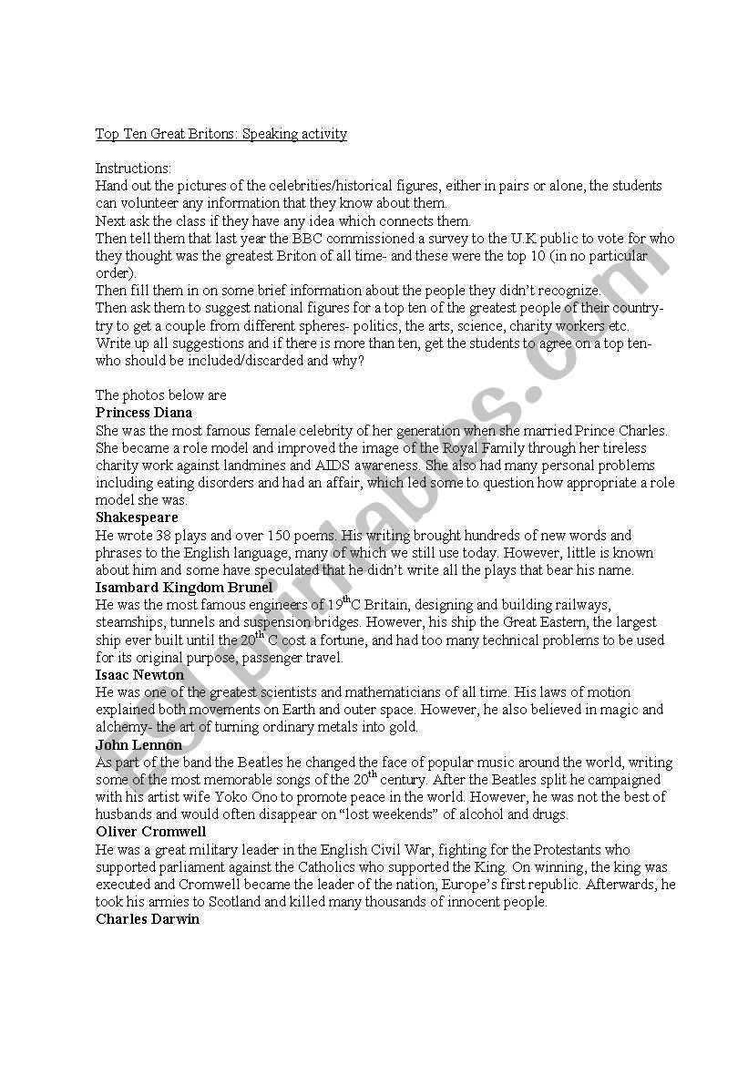 Great Britons- instructions worksheet