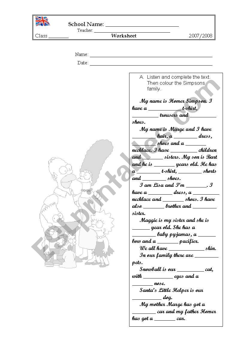 Simpsons Worksheet worksheet