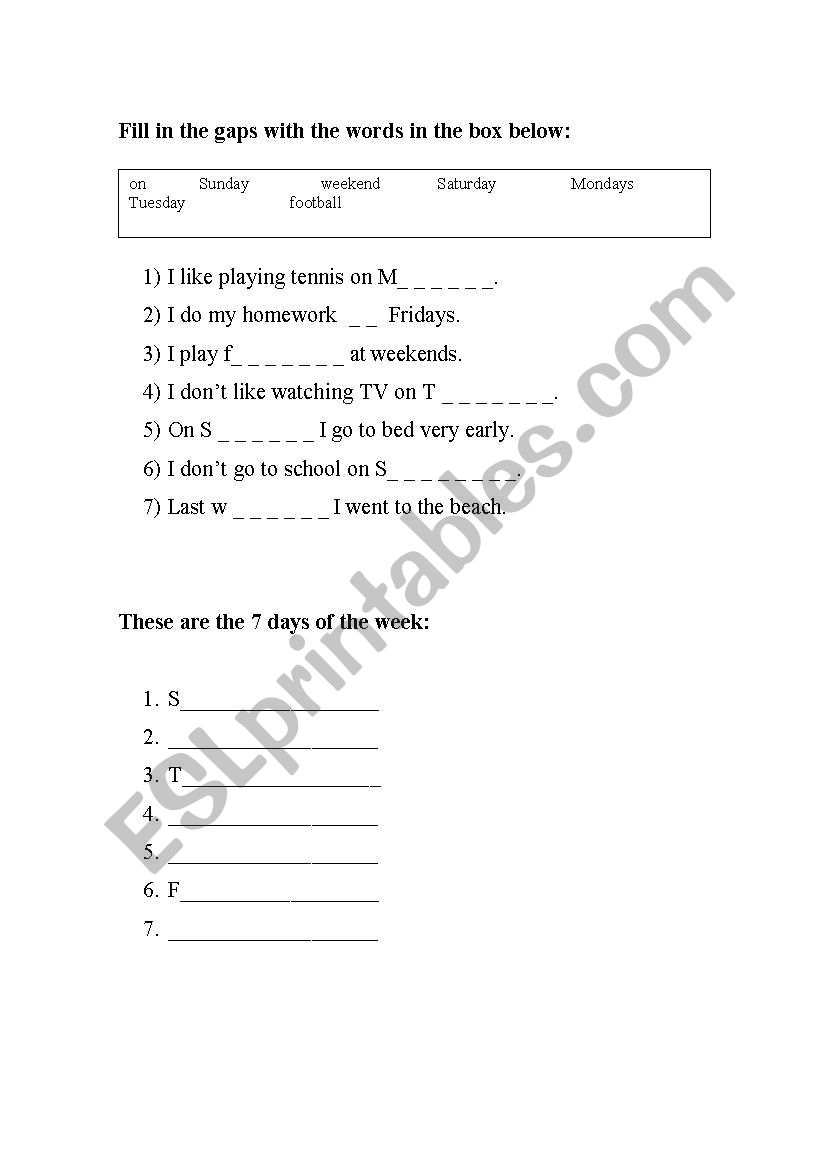 days of the week worksheet