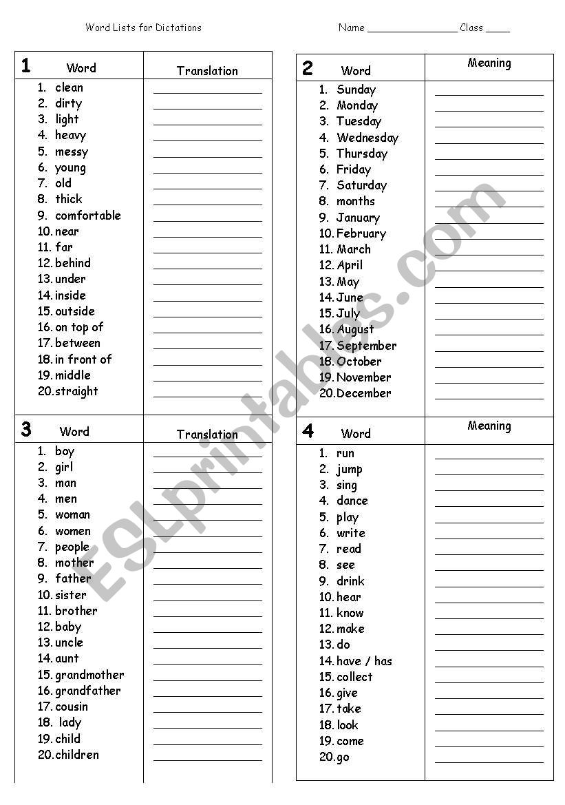 Dictation  - word lists worksheet