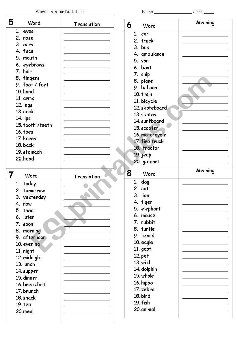 Dictation - word lists worksheet