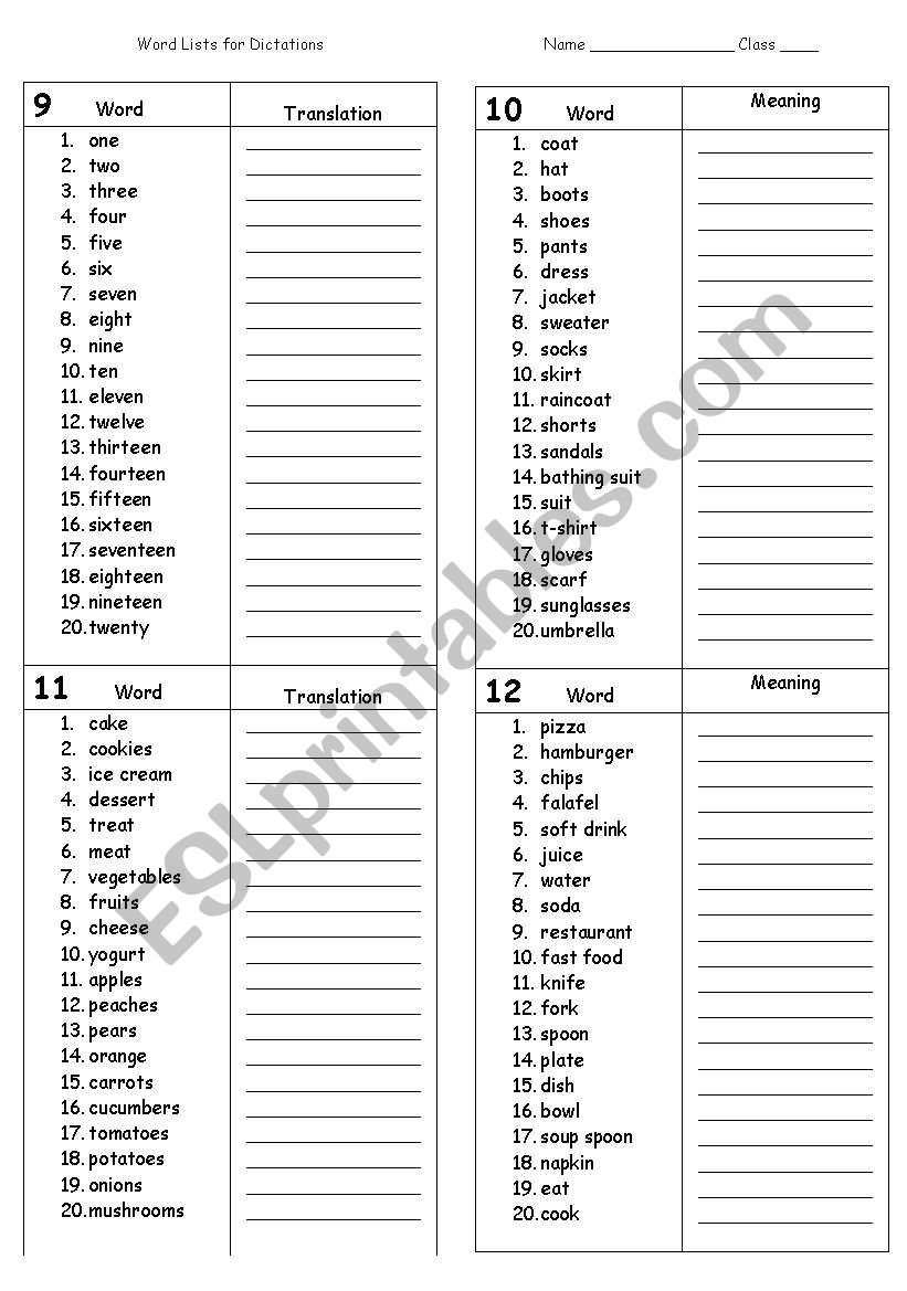 Dictation - word lists worksheet
