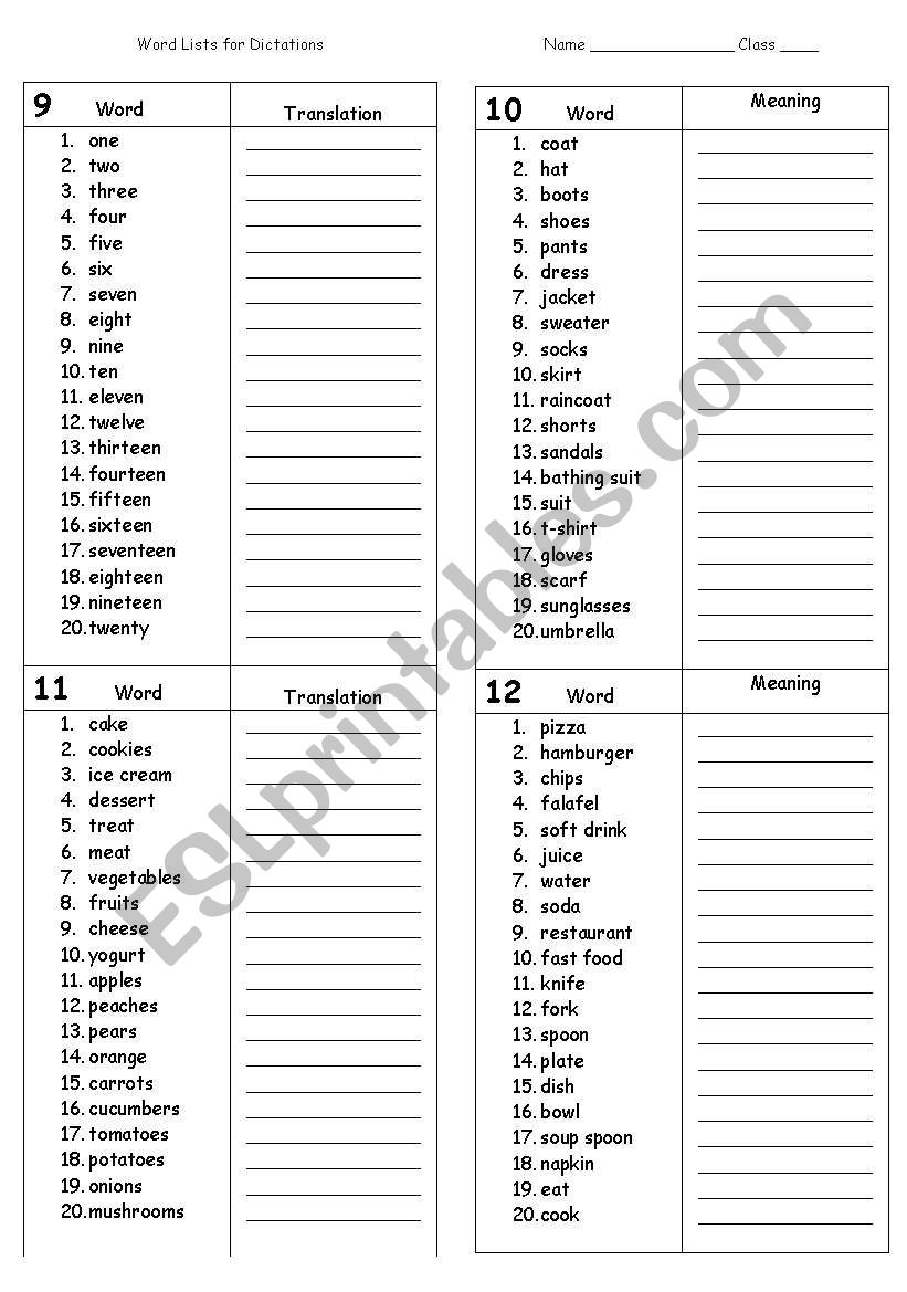 Dictation Word Lists ESL Worksheet By Bow Wow
