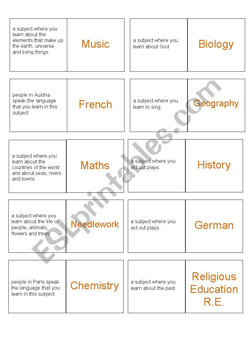 school subjects domino game worksheet