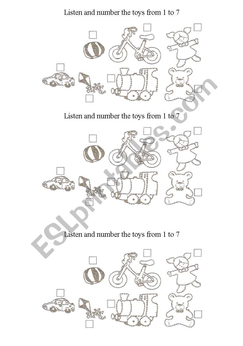 Toys: listen and number the toys from 1 to 7