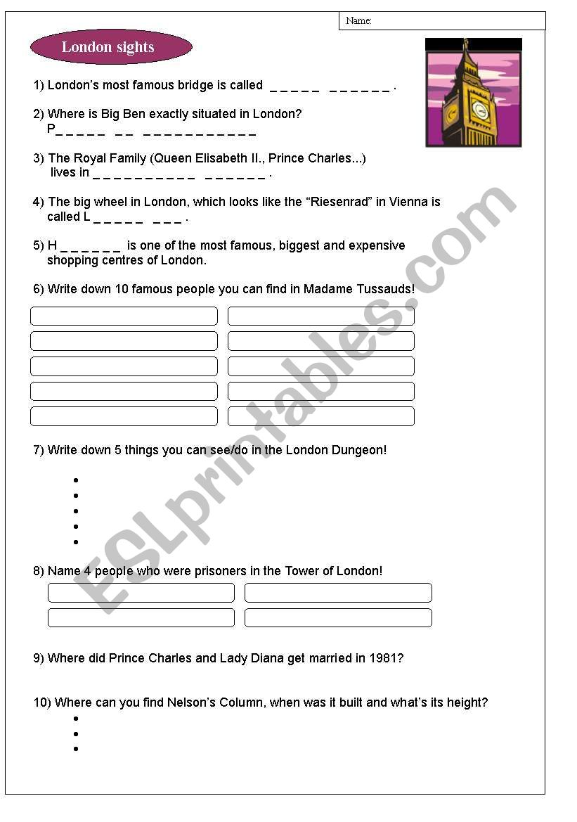 sights of london worksheet