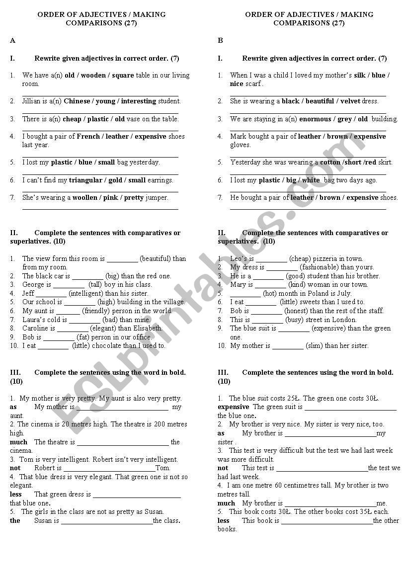 order of adjectives & making comparisons test