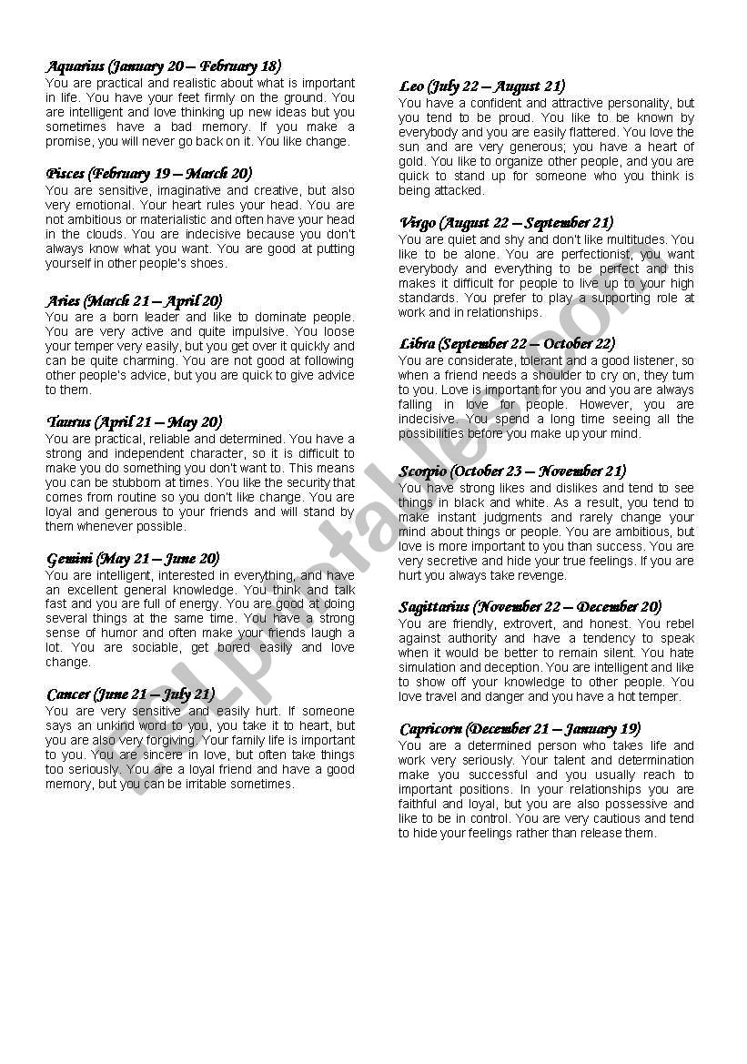 Horoscope signs worksheet