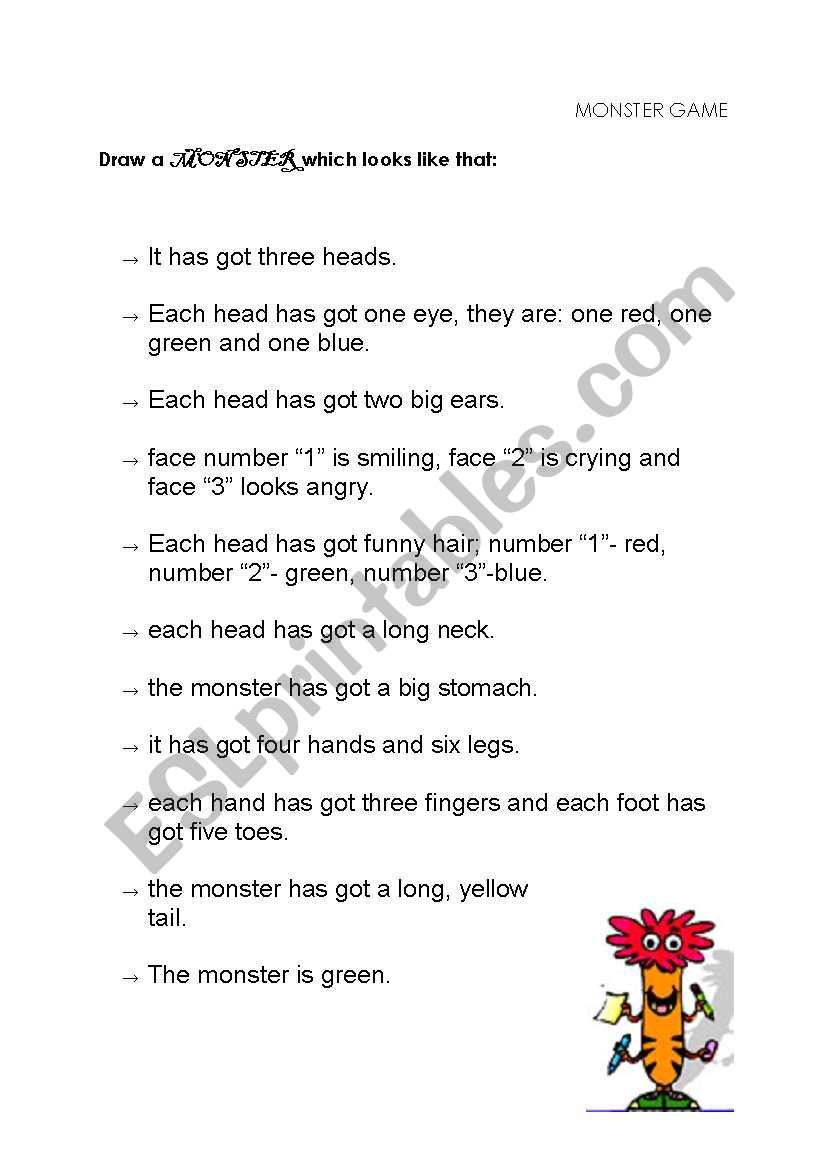 Body parts- the Monster Game worksheet