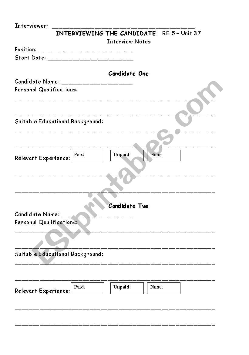 job interview questions worksheet