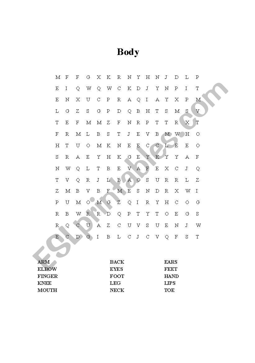 Parts of the body word search worksheet