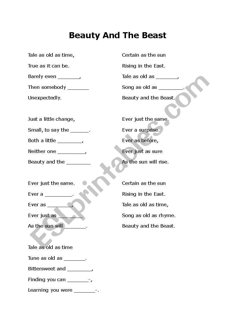 Beauty and the Beast cloze worksheet