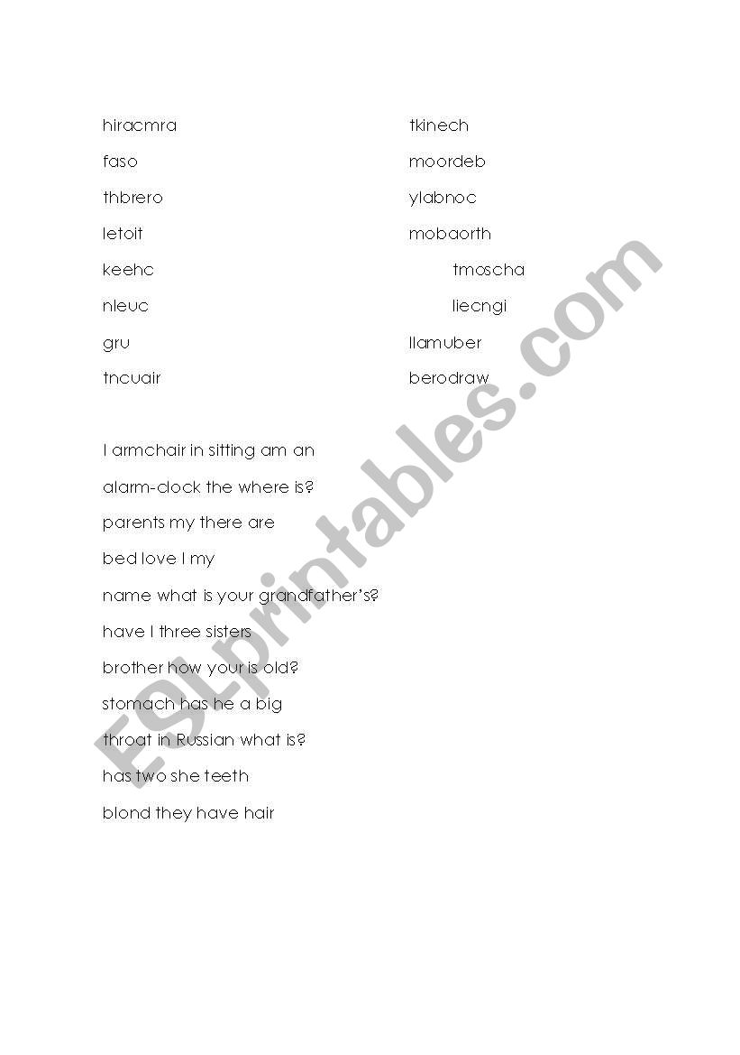 Elementary scrambled household/family words and sentences