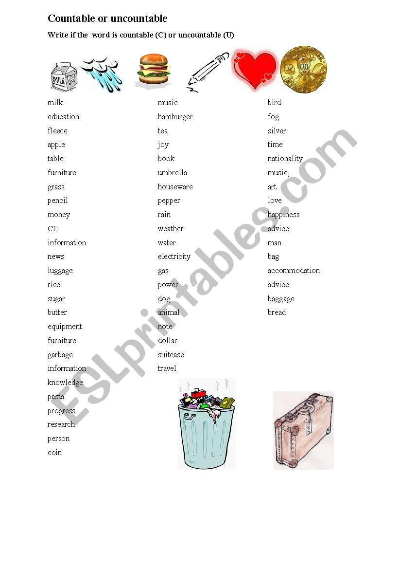 COUNTABLE AND UNCOUNTABLE  worksheet