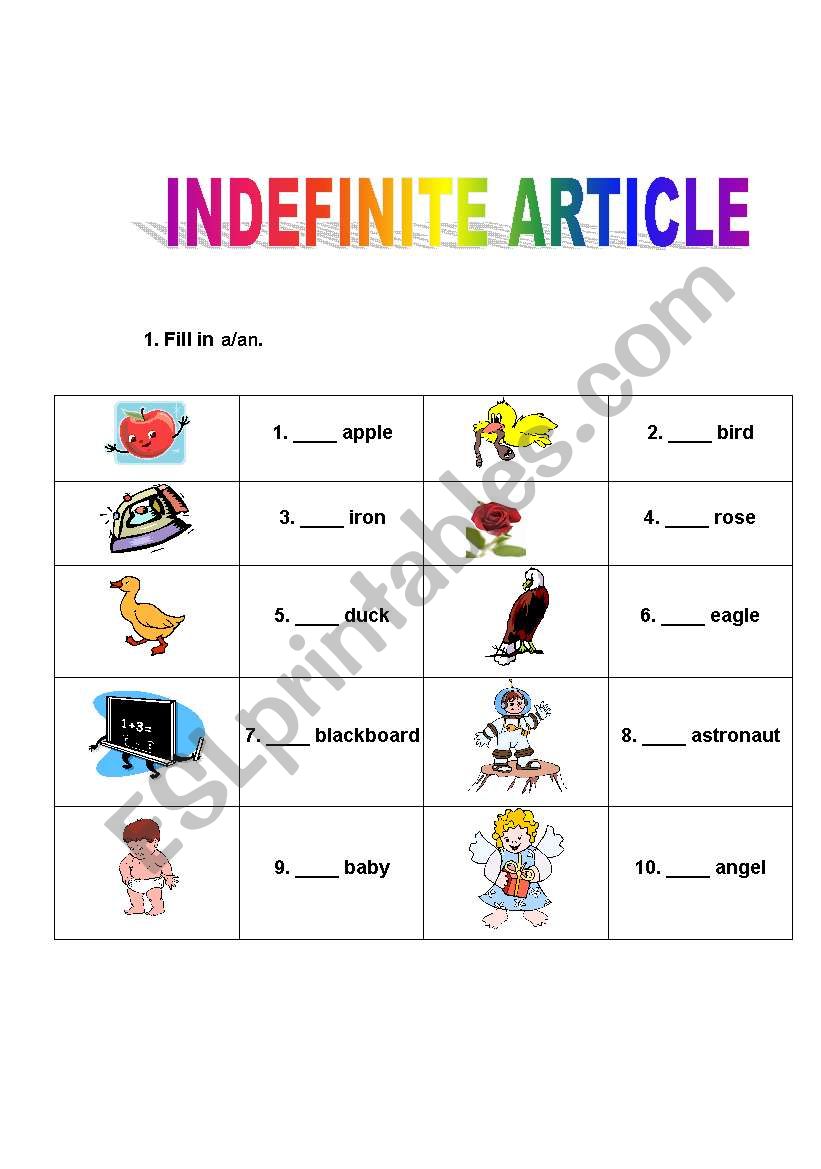 Indefinite article worksheet